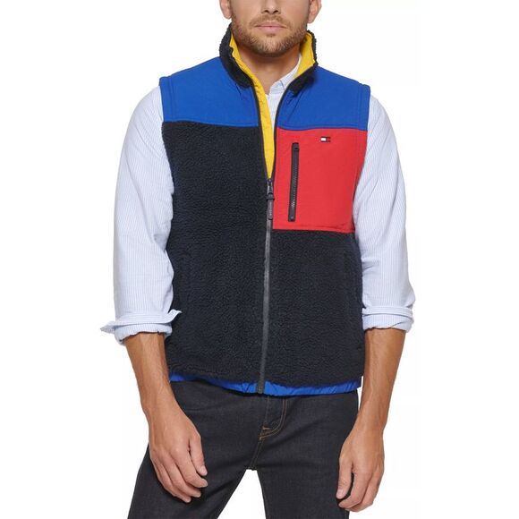 Tommy Hilfiger Mens Colorblock Sherpa Fleece Vest Medium Navy Combo - NWT $190 - Picture 1 of 5
